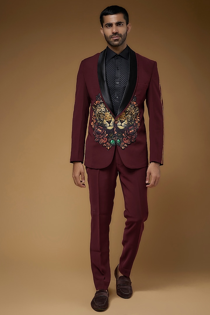 Maroon Japanese Stretch Fabric Embroidered & Printed Blazer Set by CP SINGH
