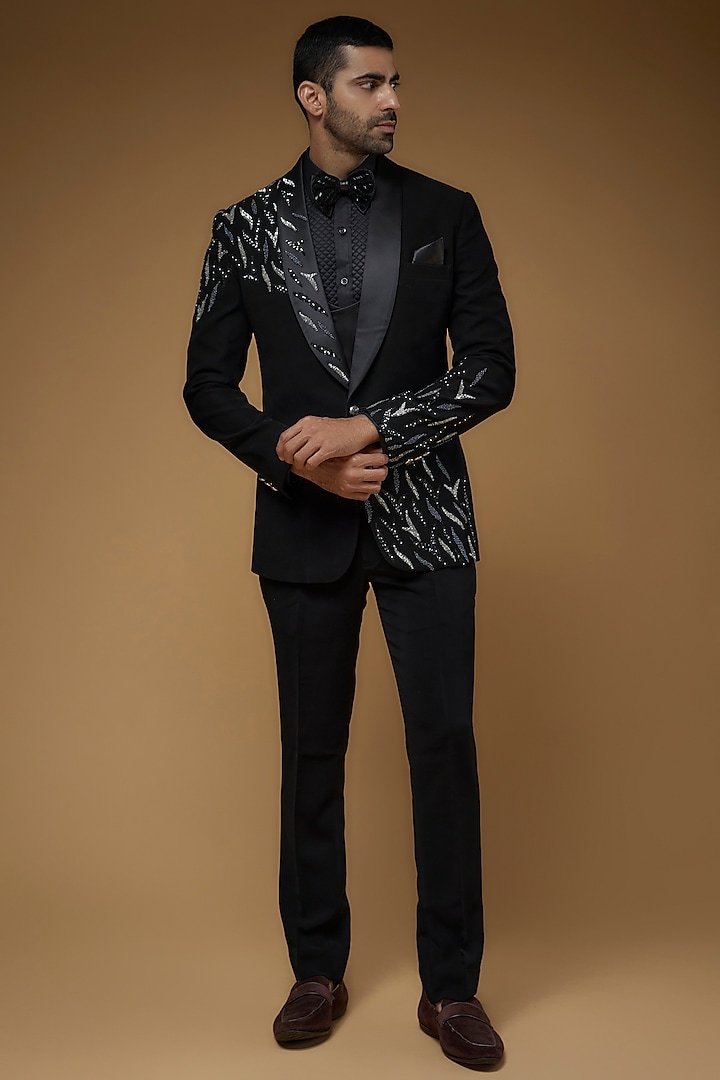Black Japanese Stretch Fabric Embroidered & Printed Blazer Set by CP SINGH