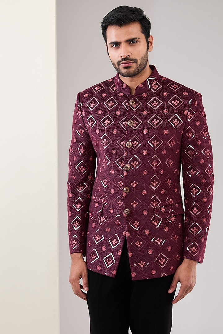 Maroon Suede Velvet Thread Work Jodhpuri Set by CP SINGH