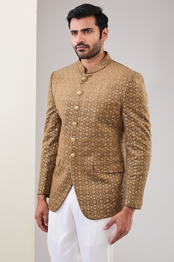 Beige Suede Velvet Thread Work Jodhpuri Set by CP SINGH