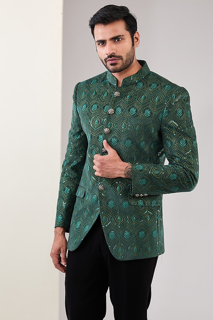 Green Suede Velvet Thread Work Jodhpuri Set by CP SINGH