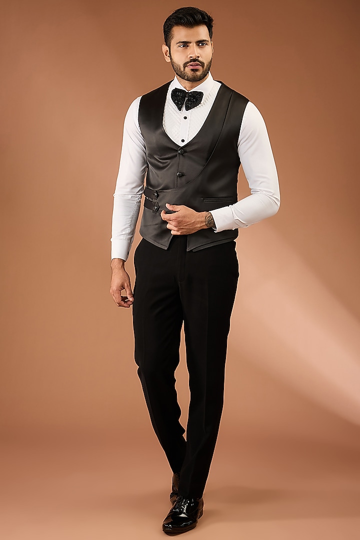 Black Italian Fabric Waistcoat Set by CP SINGH