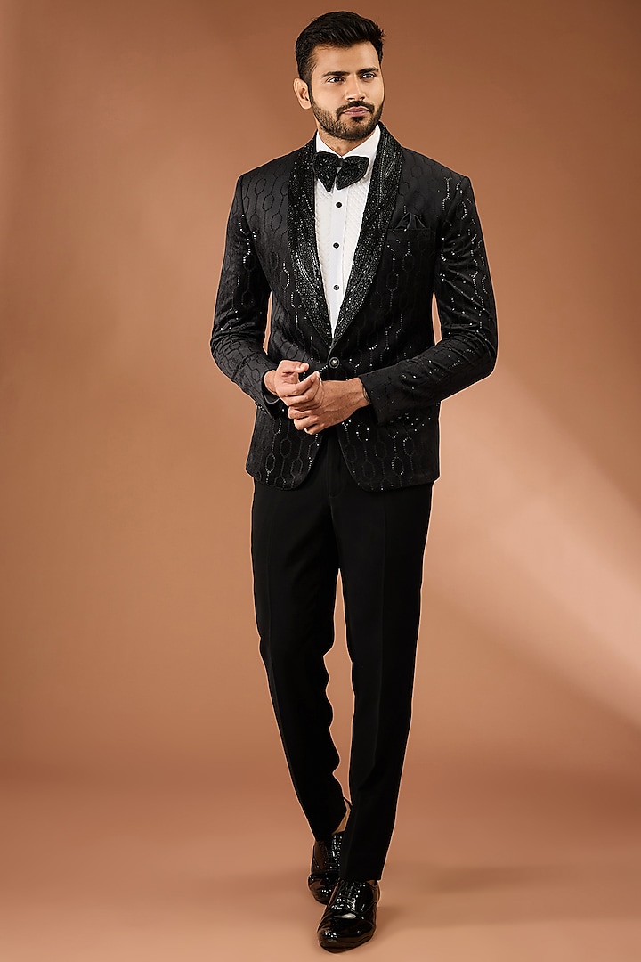 Black Suede Fabric Waistcoat Set by CP SINGH