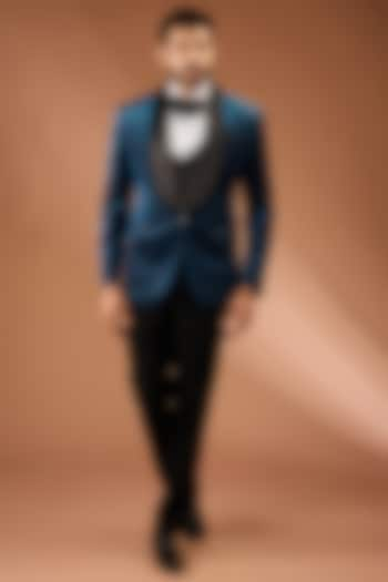 Teal Blue Suede Fabric Tuxedo Set by CP SINGH