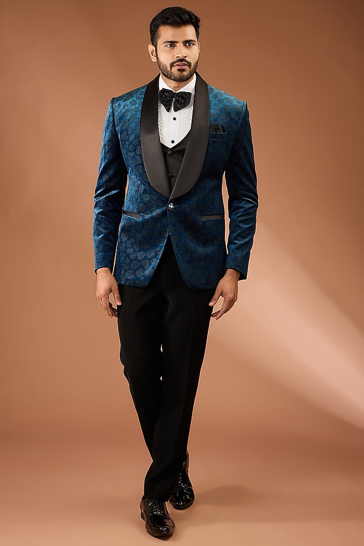 Teal Blue Suede Fabric Tuxedo Set by CP SINGH