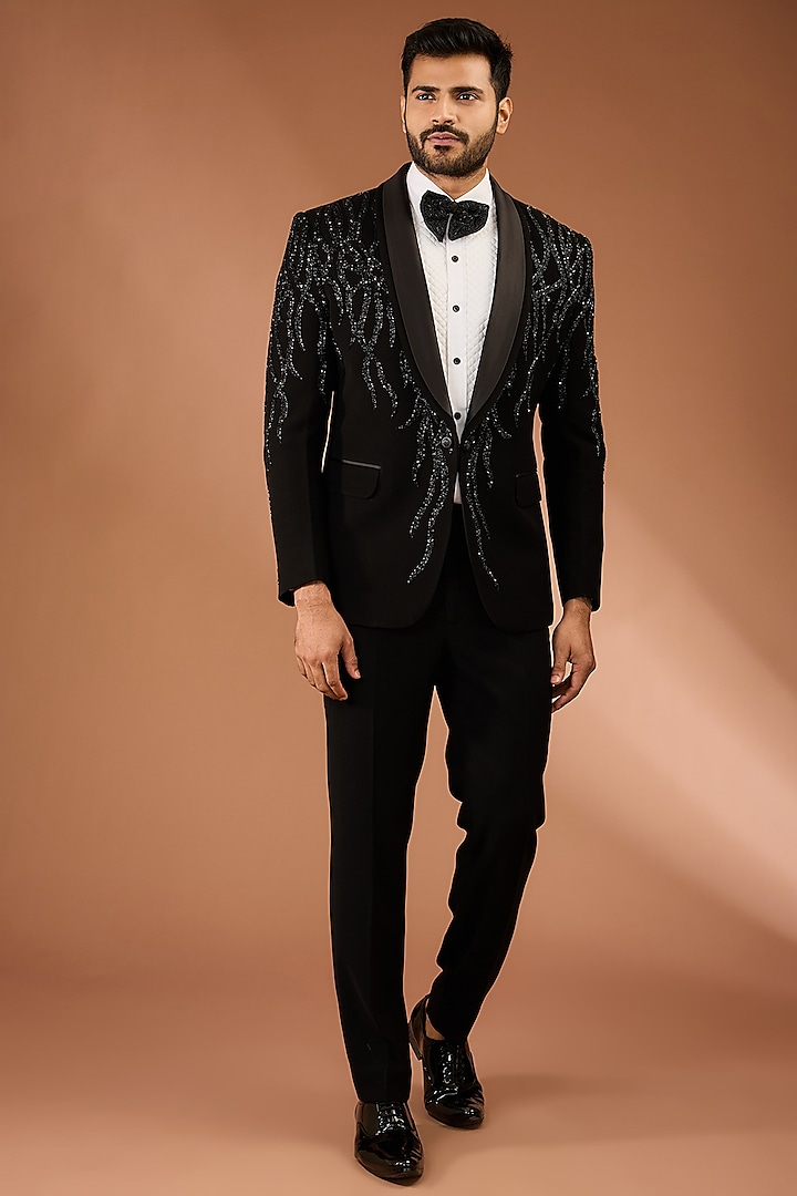 Black Italian Fabric Work Tuxedo Set by CP SINGH