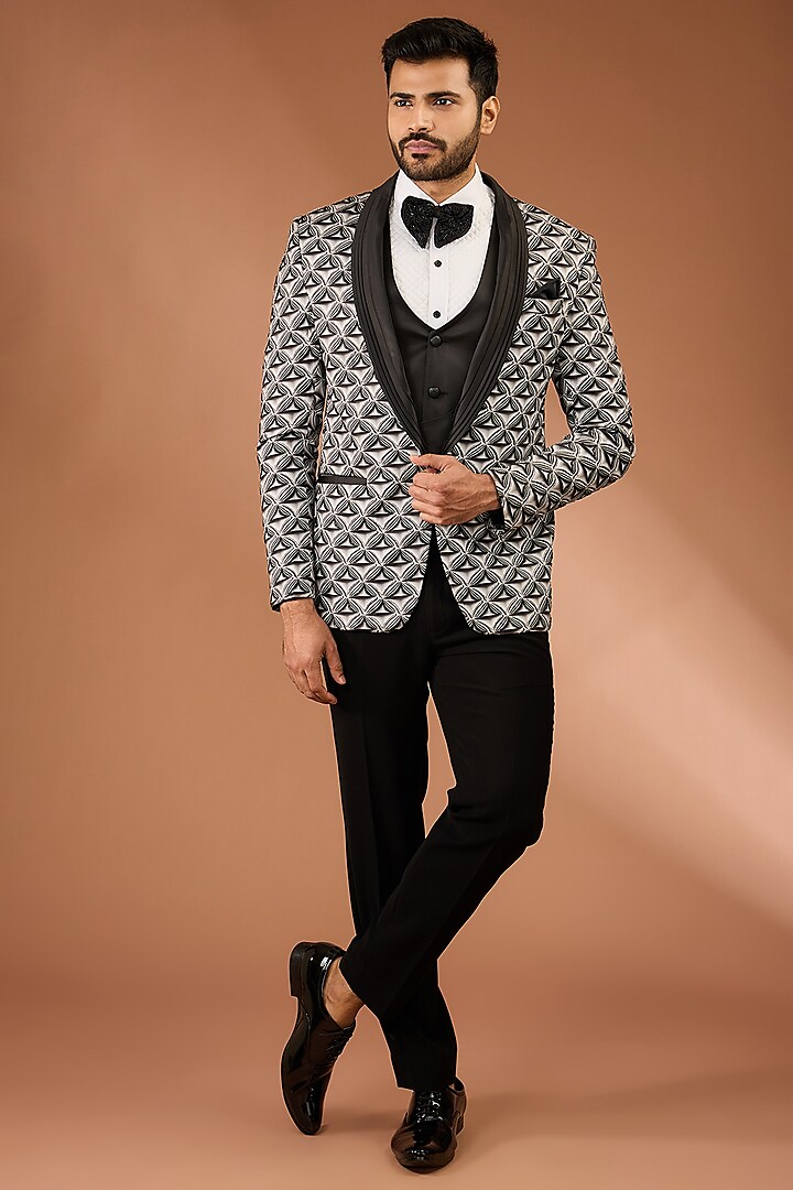 Beige & Black Italian Fabric Printed & Hand Work Tuxedo Set by CP SINGH