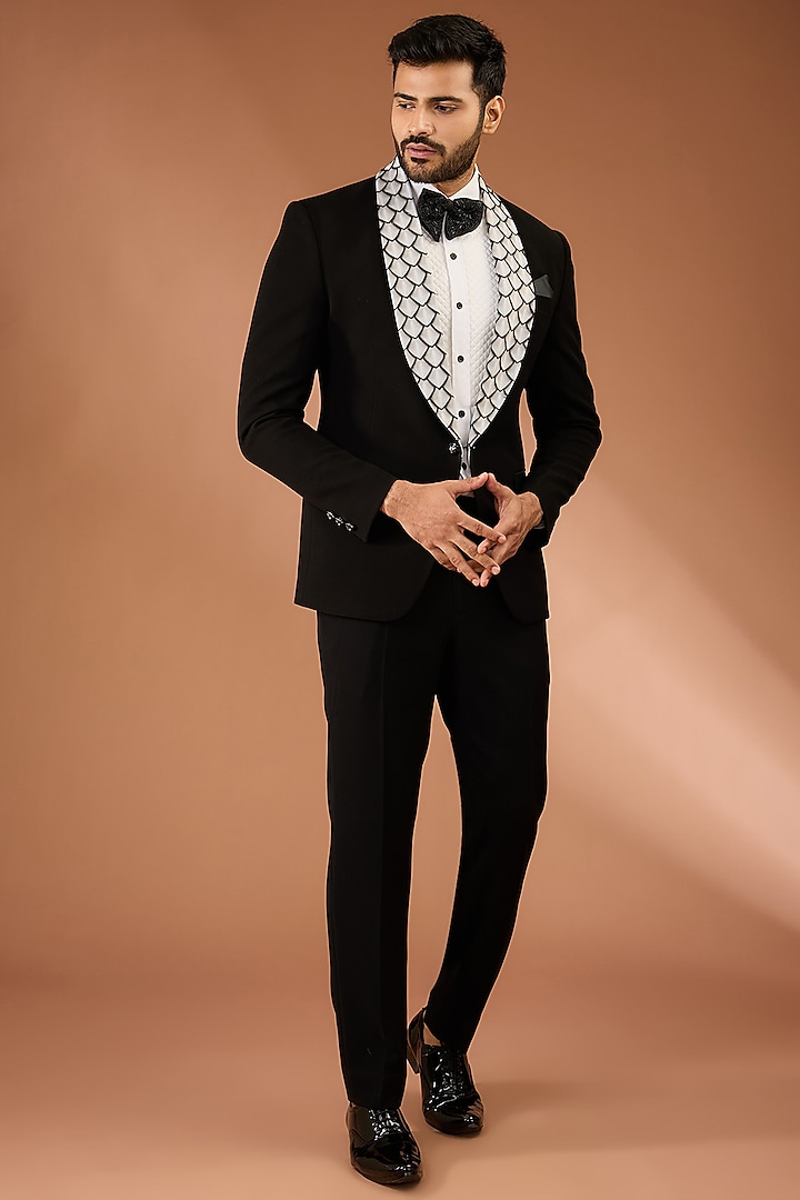 Black Japanese Fabric Hand Work Tuxedo Set by CP SINGH