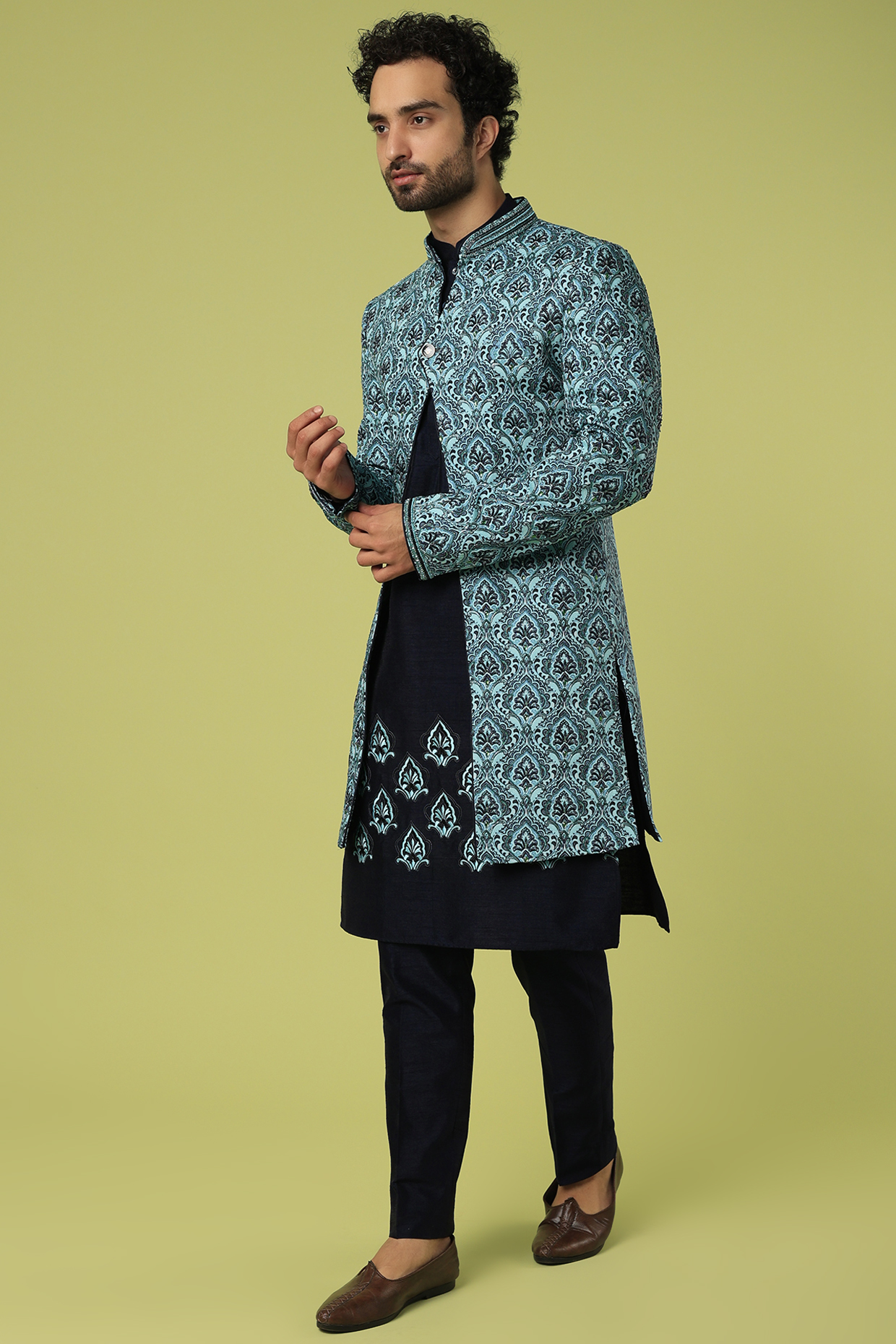 Sky Blue Italian Indo Western Set by C P SINGH