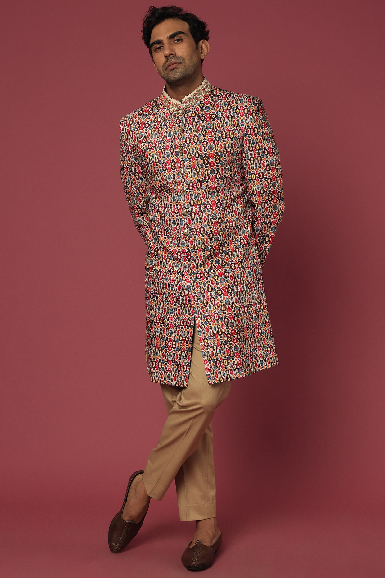 Blush Pink Viscose Printed Indo Western Set by C P SINGH
