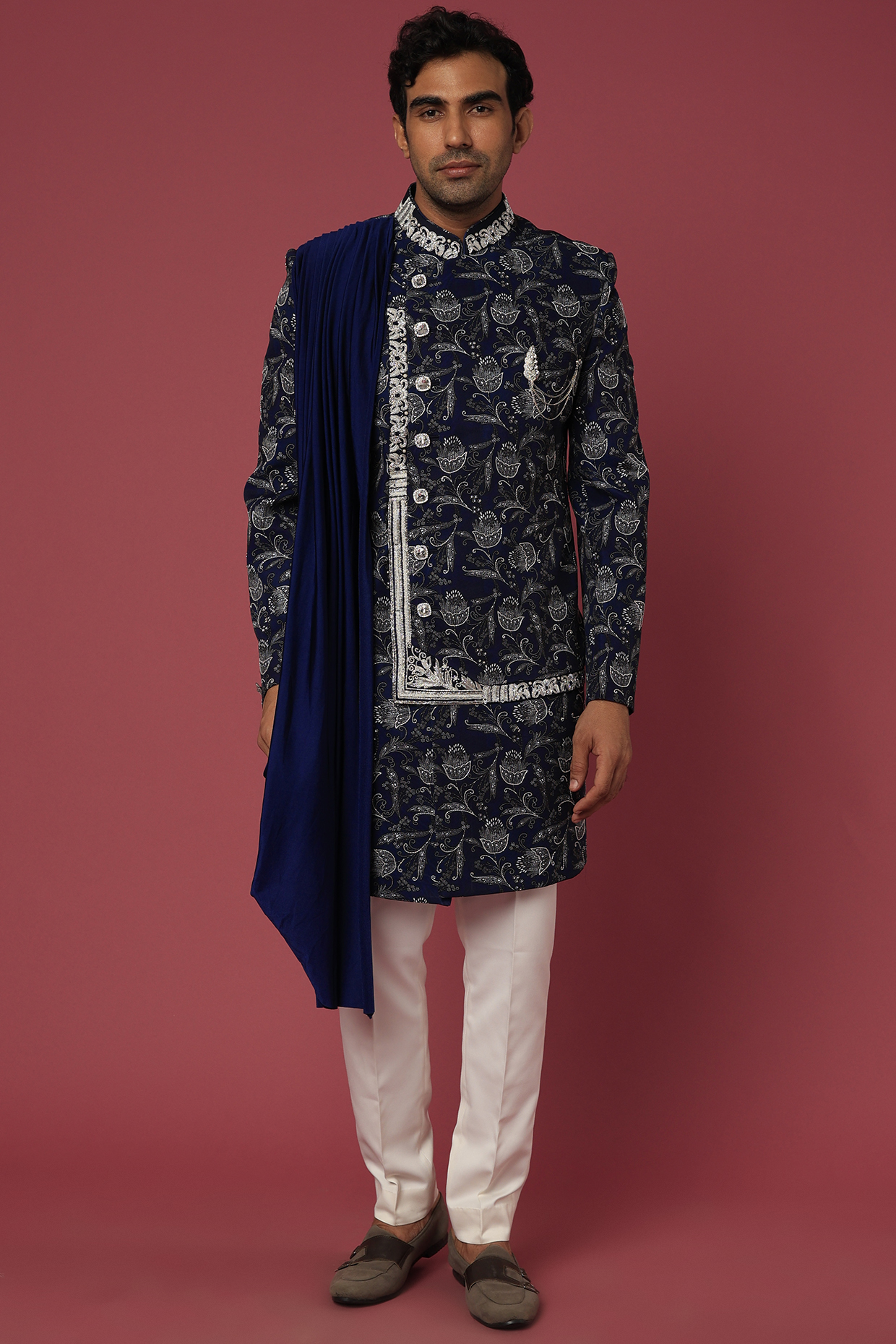 Dark Blue Printed Indo Western Set by C P SINGH