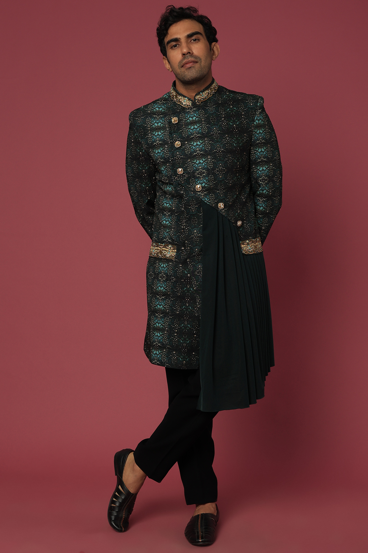 Olive Green Printed Indo Western Set by C P SINGH