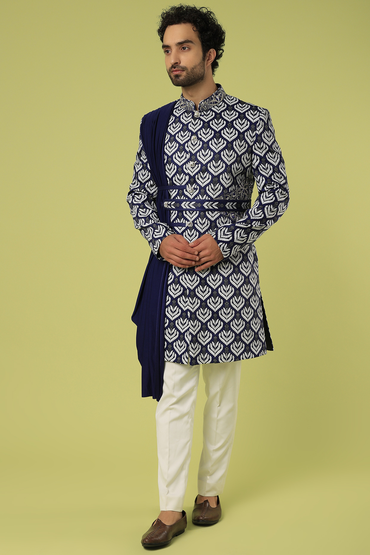 Blue Printed Indo Western Set by C P SINGH