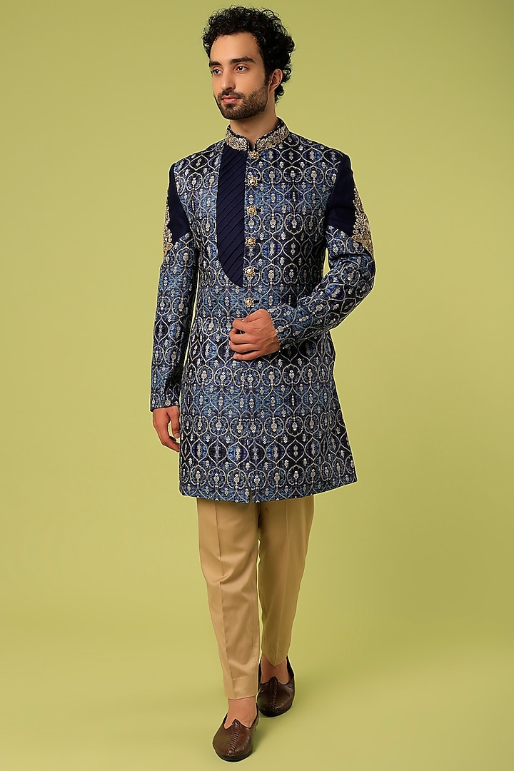 Blue Indo Western Set With Print by CP SINGH