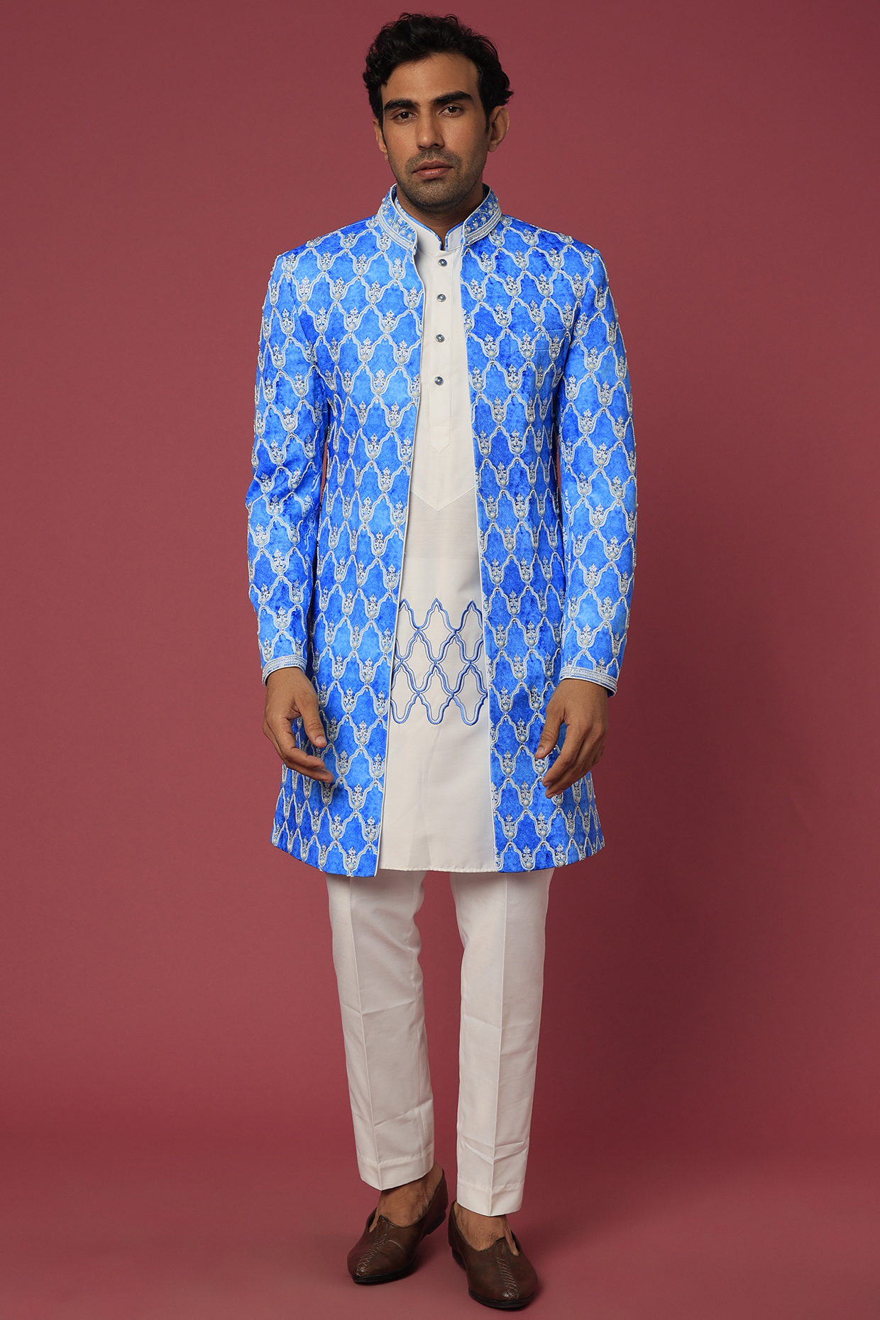 Blue Hand Work Indo Western Set by C P SINGH