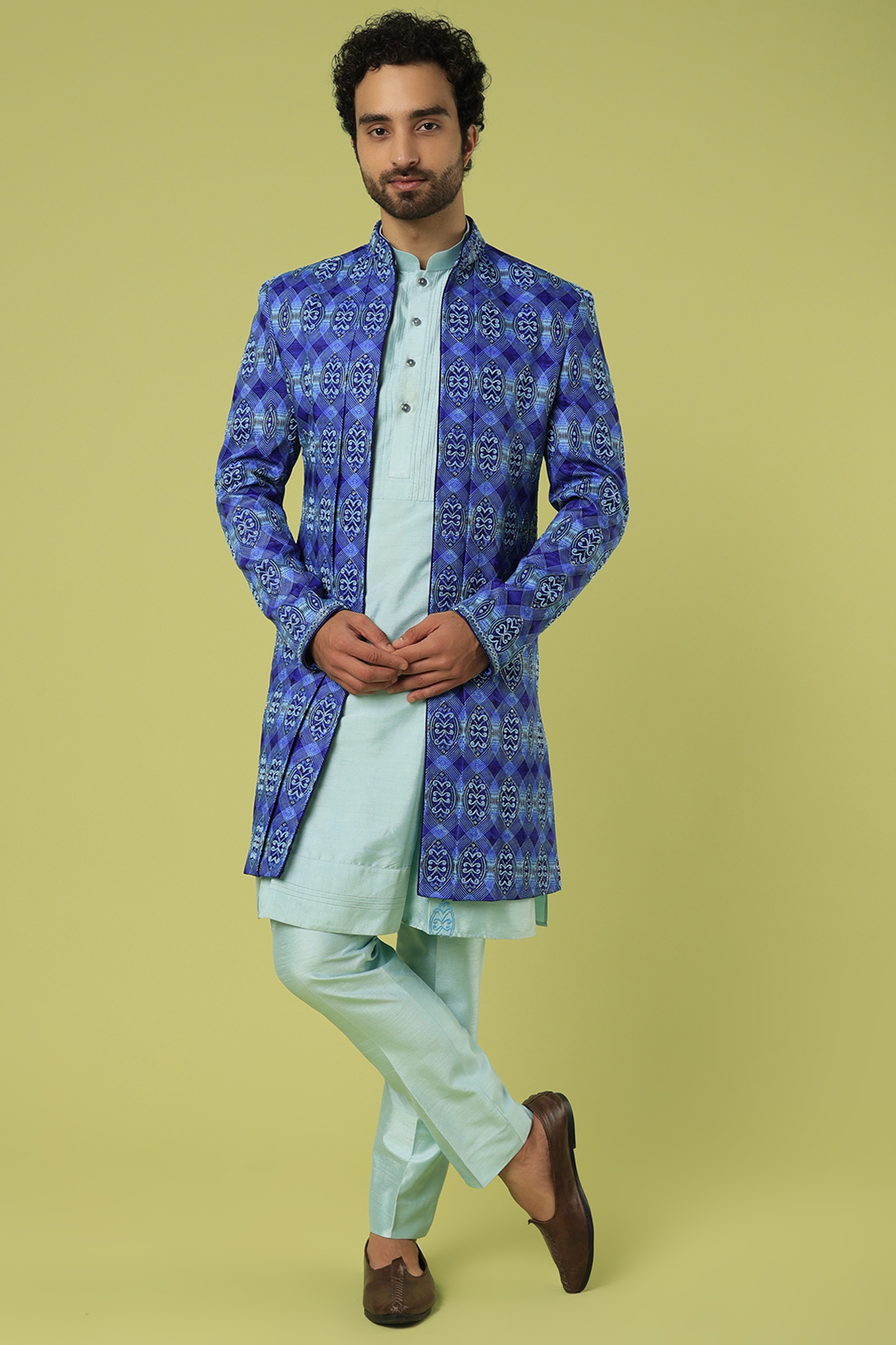 Blue Italian Indo Western Set by C P SINGH