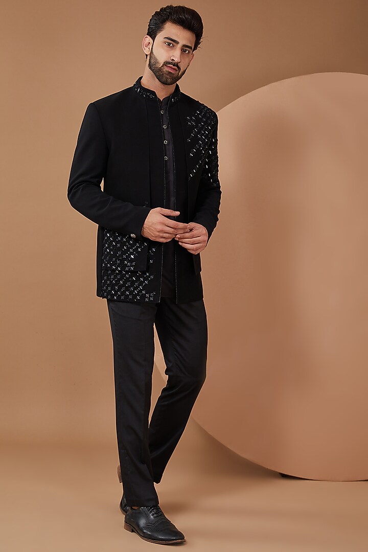 Buy CP SINGH Black Japanese Stretch Fabric Indowestern Set at Pernia