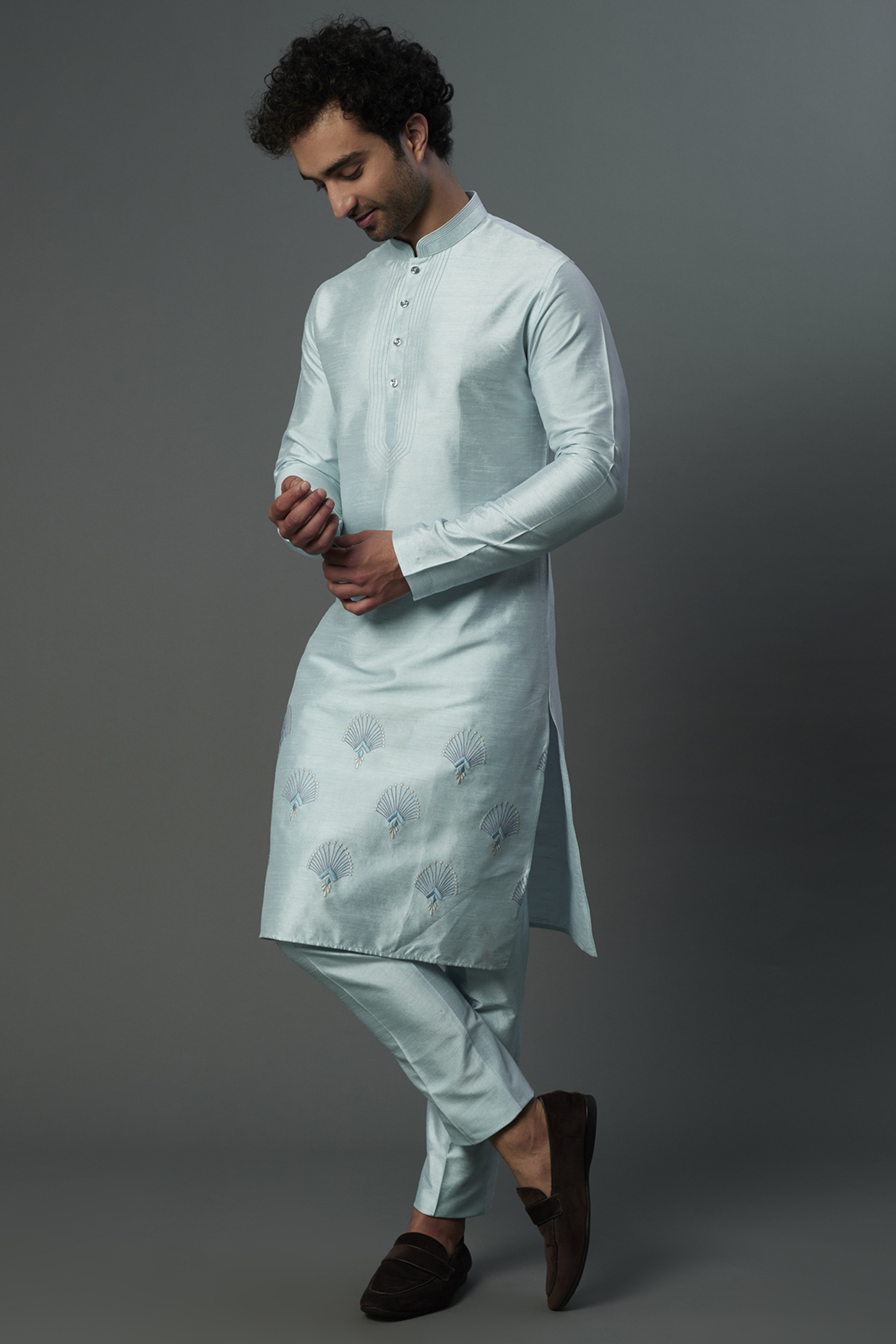 Sky Blue Silk Kurta Set by C P SINGH