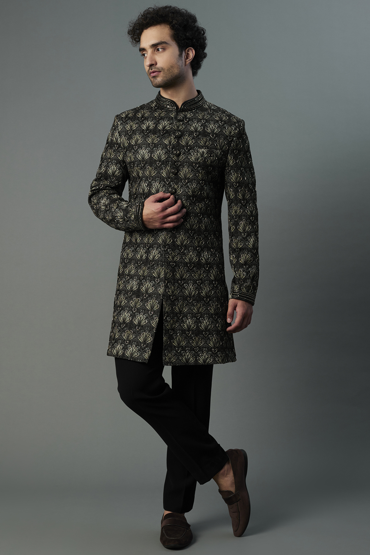 Black & Grey Italian Stretch Indo-Western Jacket Set by C P SINGH