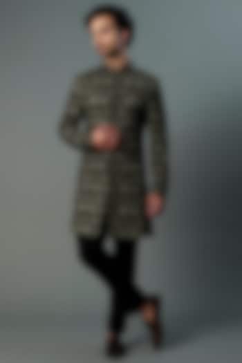 Black & Grey Italian Stretch Indo-Western Jacket Set by CP SINGH