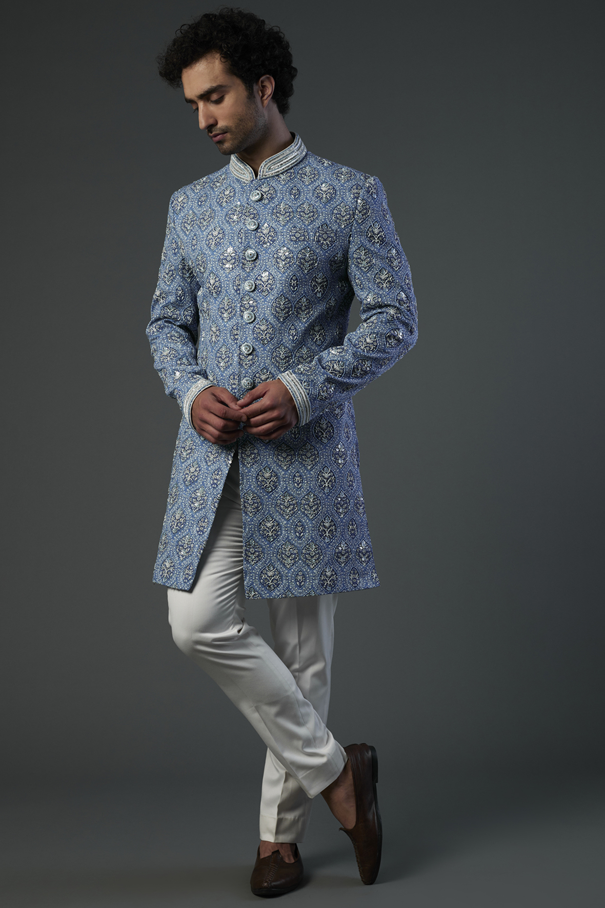 Sky Blue & White Printed Indo-Western Jacket Set by C P SINGH