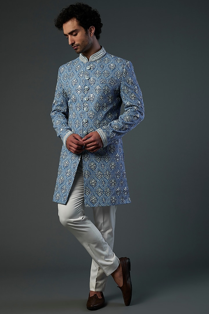 Sky Blue & White Printed Indo-Western Jacket Set by CP SINGH