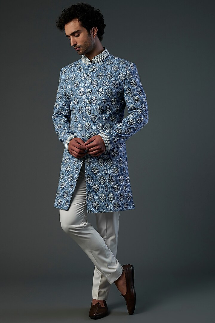 Sky Blue & White Printed Indo-Western Jacket Set by C P SINGH