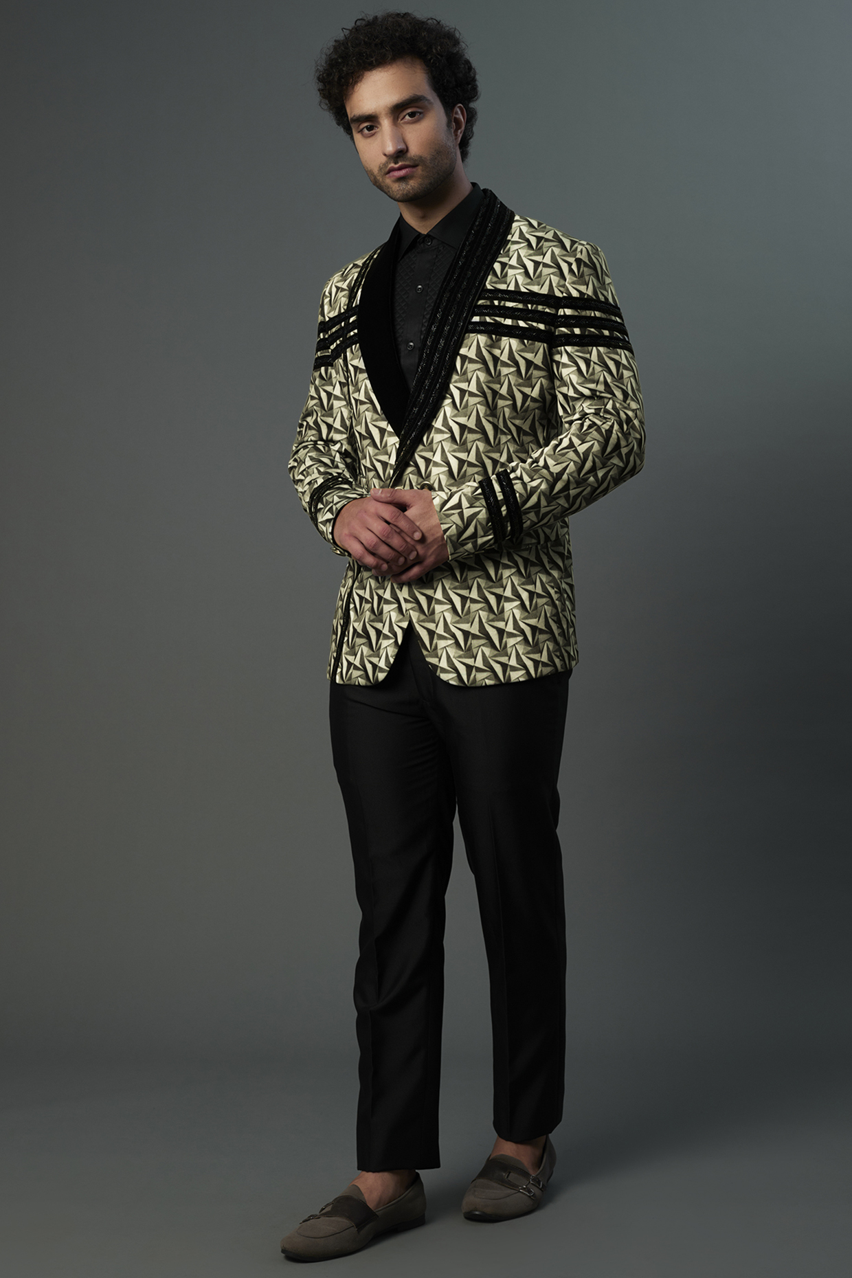 Black & Grey Printed Tuxedo Set by C P SINGH