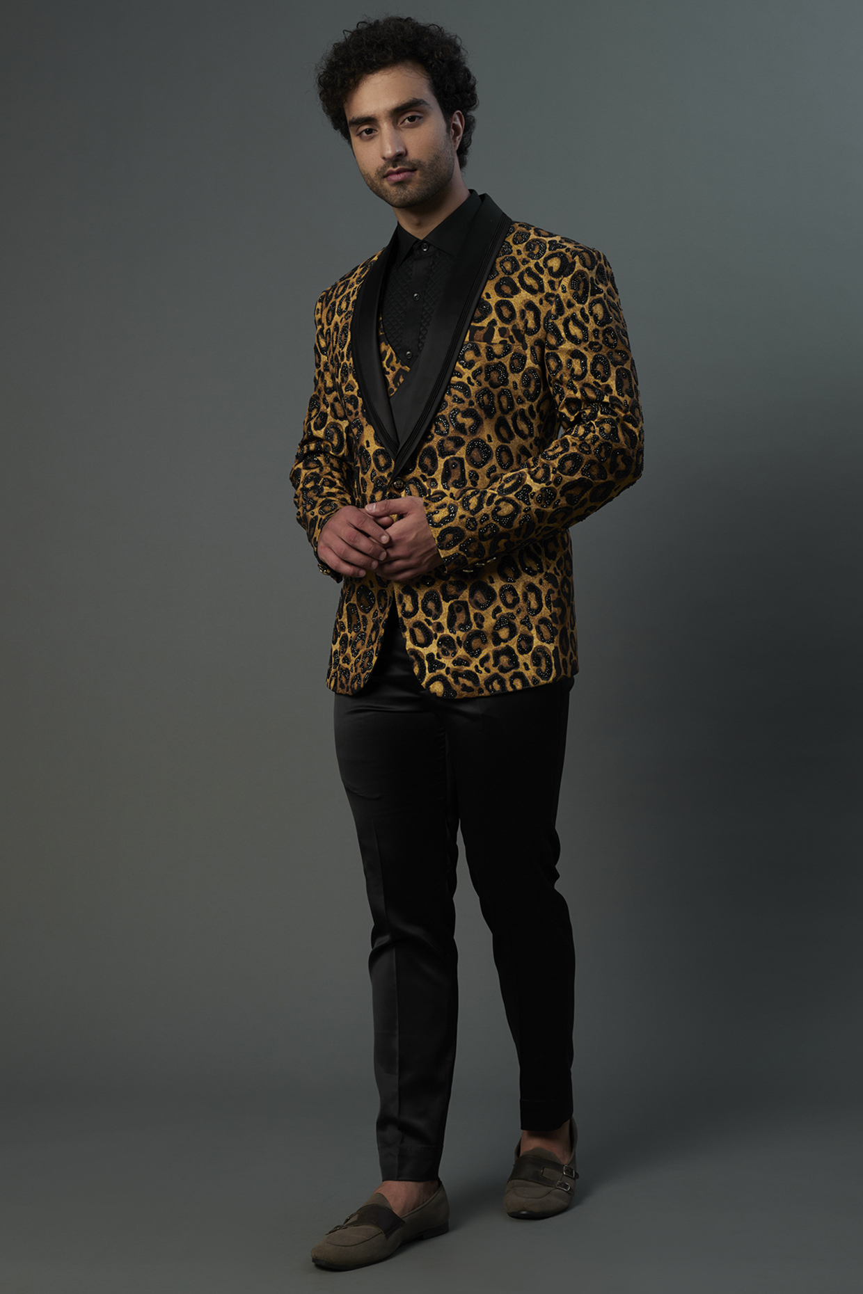 Black & Golden Printed Tuxedo Set by C P SINGH