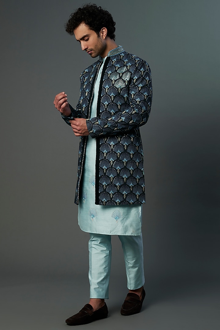 Sky BLue & Black Cotton Silk Indo Western Jacket Set by C P SINGH