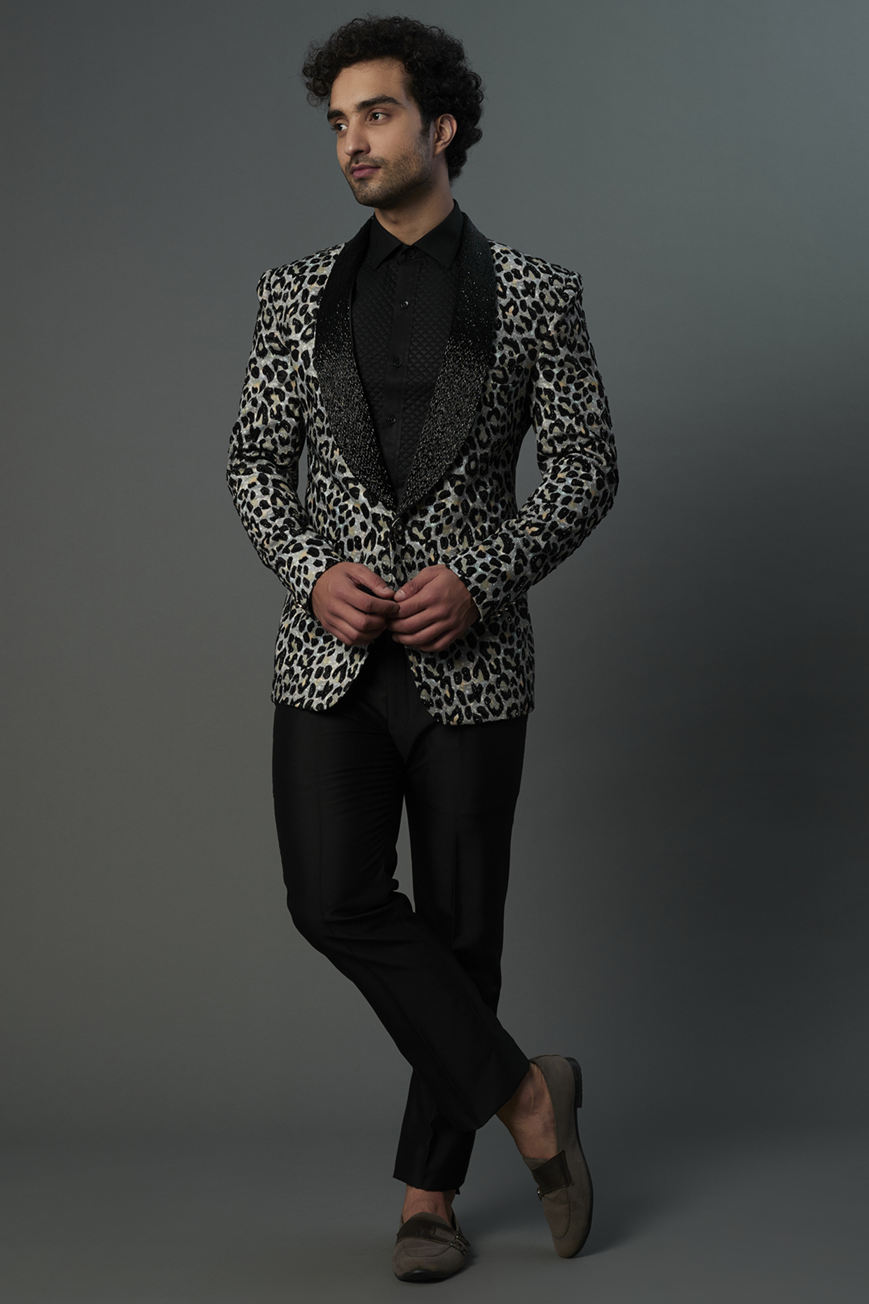 Black & Grey Printed Tuxedo Set by C P SINGH