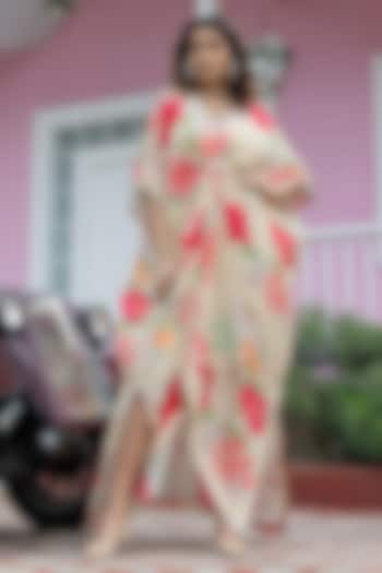 Beige Natural Crepe Floral Printed Kaftan by Creole at Pernia's Pop Up Shop
