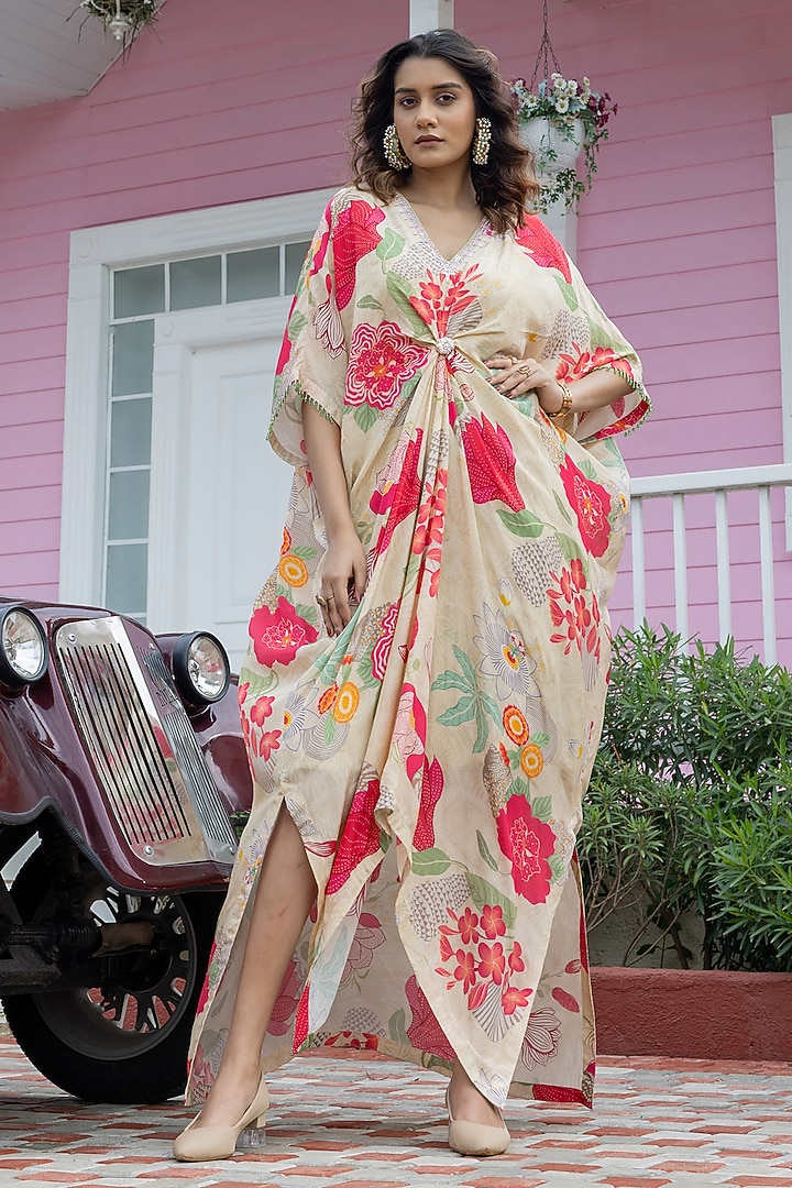 Beige Natural Crepe Floral Printed Kaftan by Creole at Pernia's Pop Up Shop
