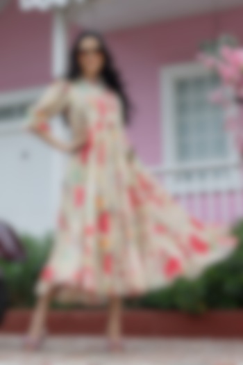 Beige Natural Crepe Floral Printed Midi Summer Dress by Creole at Pernia's Pop Up Shop