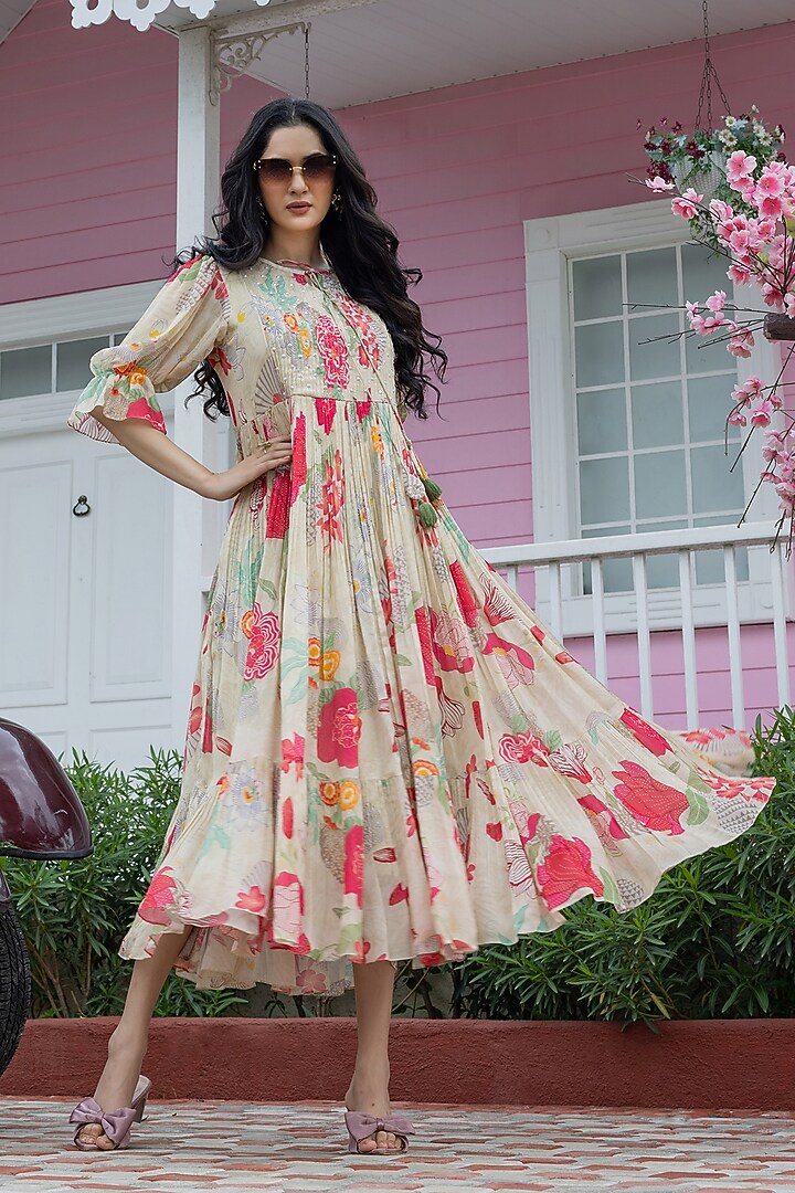 Beige Natural Crepe Floral Printed Midi Summer Dress by Creole at Pernia's Pop Up Shop