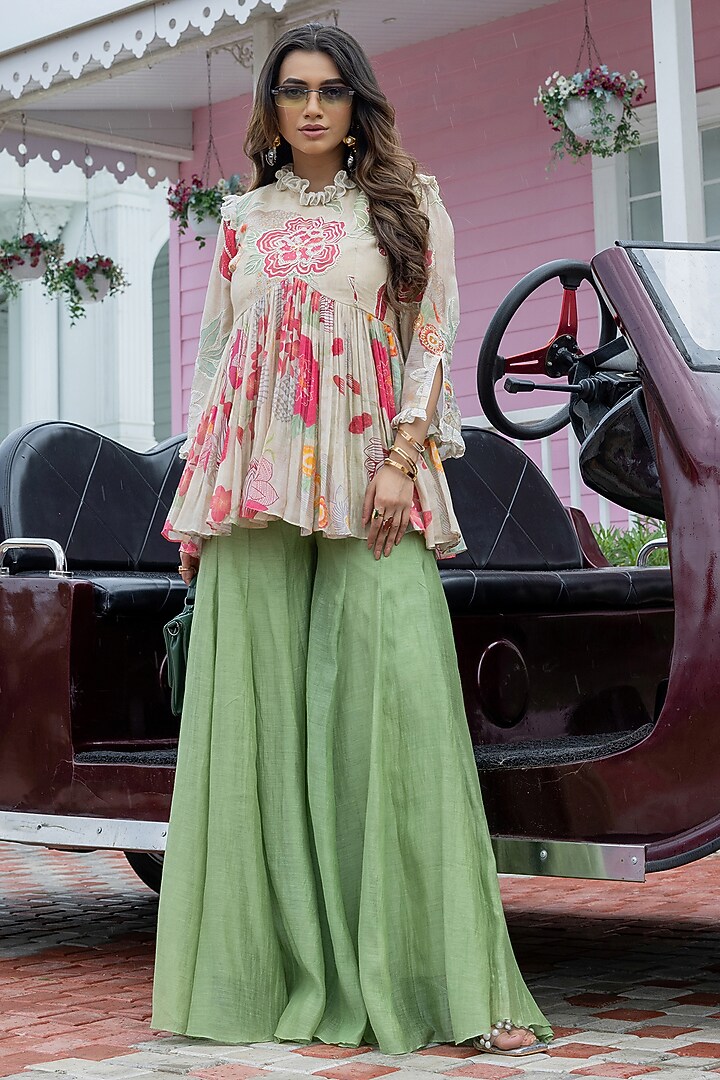 Green Mul Chanderi Palazzo Set by Creole at Pernia's Pop Up Shop