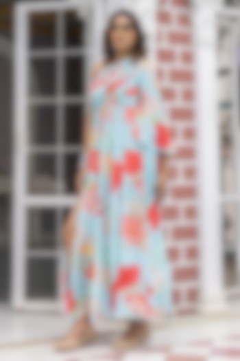 Aqua Blue Natural Crepe Floral Printed One-Shoulder Maxi Summer Dress by Creole at Pernia's Pop Up Shop