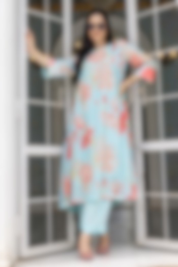 Aqua Blue Malai Chanderi Floral Printed Kurta Set by Creole at Pernia's Pop Up Shop