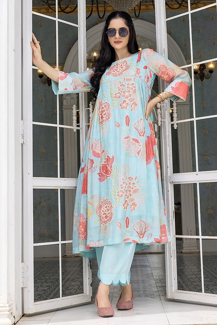 Aqua Blue Malai Chanderi Floral Printed Kurta Set by Creole at Pernia's Pop Up Shop