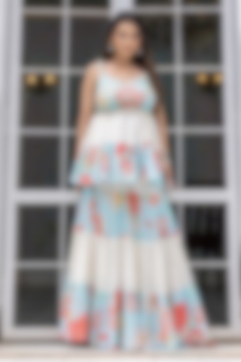 Aqua Blue & Ivory Malai Chanderi Floral Printed Skirt Set by Creole at Pernia's Pop Up Shop