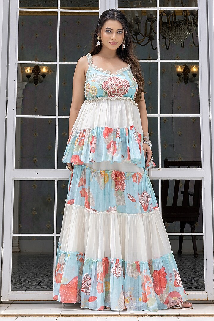 Aqua Blue & Ivory Malai Chanderi Floral Printed Skirt Set by Creole at Pernia's Pop Up Shop