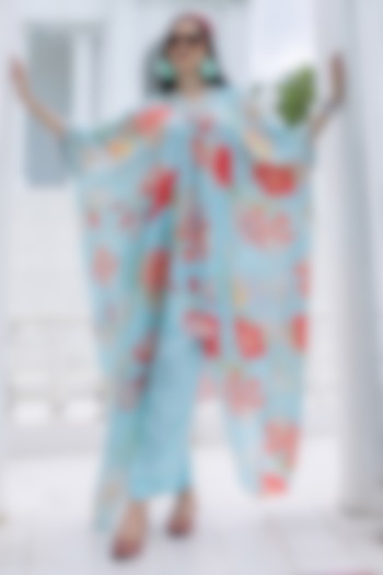 Aqua Blue Natural Crepe Floral Printed Kaftan Set by Creole at Pernia's Pop Up Shop