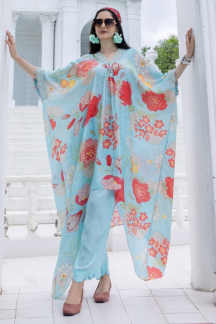 Aqua Blue Natural Crepe Floral Printed Kaftan Set by Creole at Pernia's Pop Up Shop