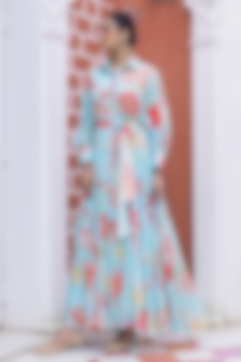Aqua Blue Chinon Floral Printed Shirt Summer Dress by Creole at Pernia's Pop Up Shop