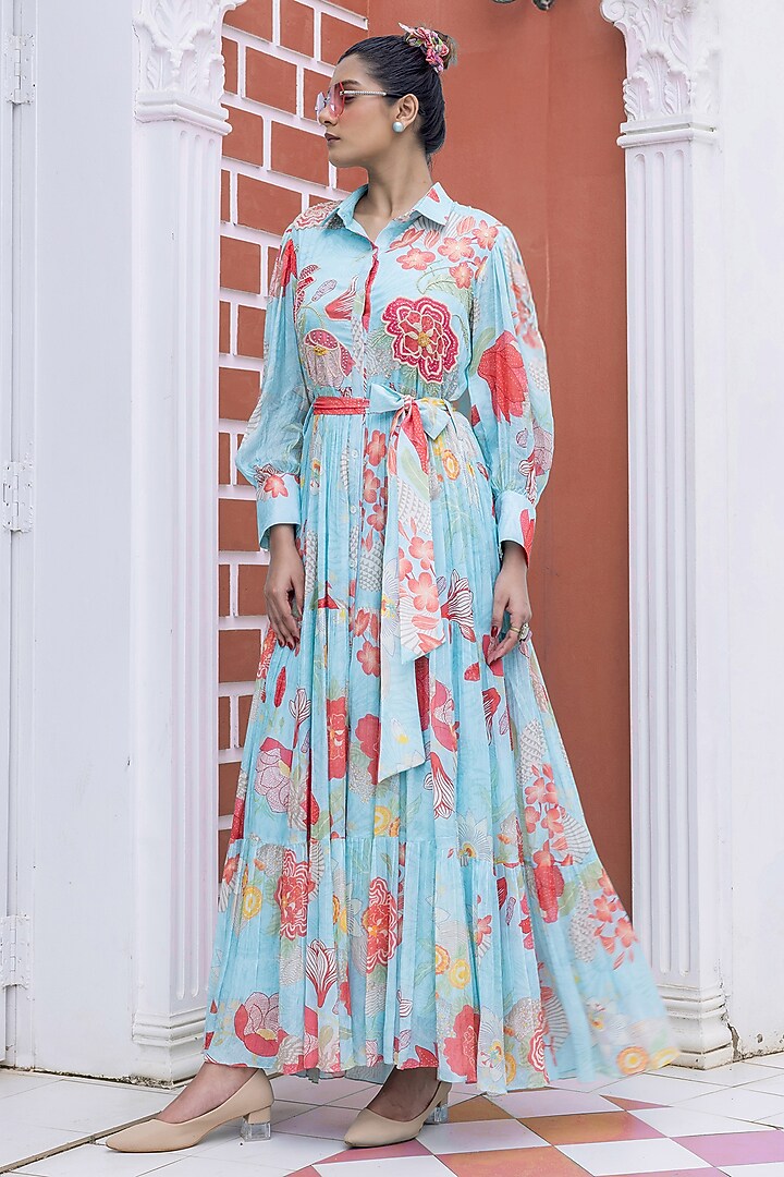 Aqua Blue Chinon Floral Printed Shirt Summer Dress by Creole at Pernia's Pop Up Shop