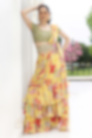 Bright Yellow Chiffon Floral Printed Pre-Stitched Ruffled Party Wear Saree Set by Creole at Pernia's Pop Up Shop