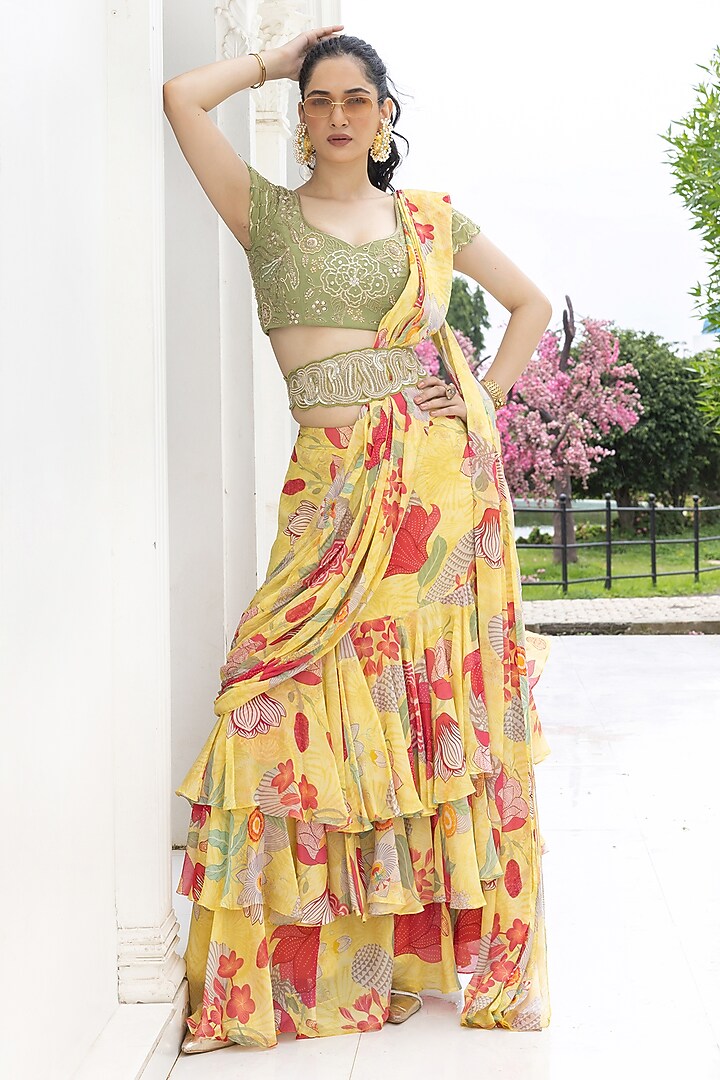 Bright Yellow Chiffon Floral Printed Pre-Stitched Ruffled Party Wear Saree Set by Creole at Pernia's Pop Up Shop