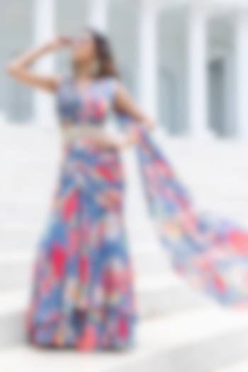 Indigo Chiffon Floral Printed Pre-Draped Party Wear Saree Set by Creole at Pernia's Pop Up Shop