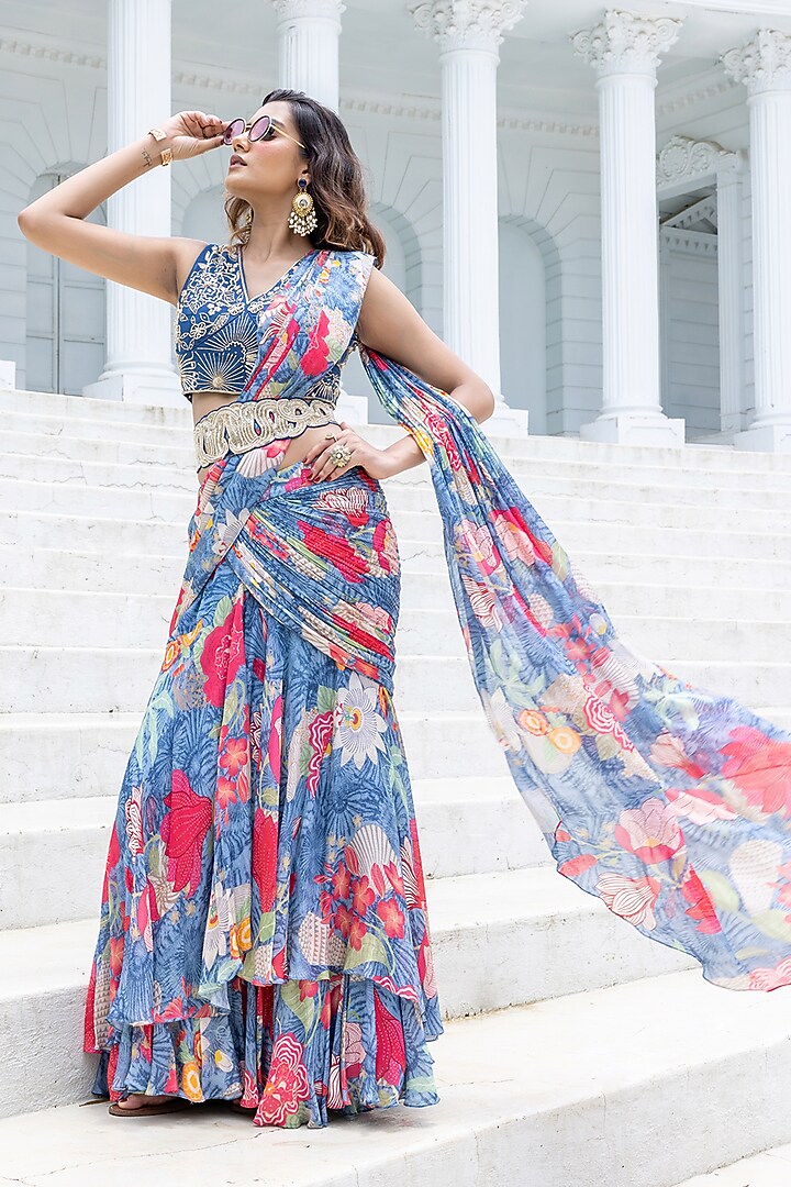 Indigo Chiffon Floral Printed Pre-Draped Party Wear Saree Set by Creole at Pernia's Pop Up Shop