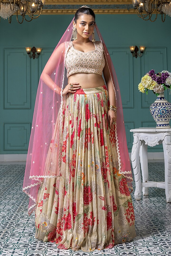 Beige Chinon Printed Wedding Lehenga Set by Creole at Pernia's Pop Up Shop